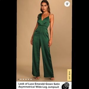 Look of Luxe Emerald Green Satin Asymmetrical Wide-Leg Jumpsuit Sz Small